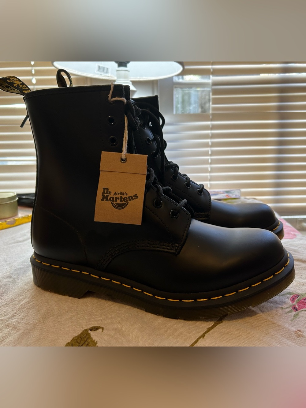 Dr. Martens Black Leather 8-Eye Combat Boots with Yellow Welt Stitching